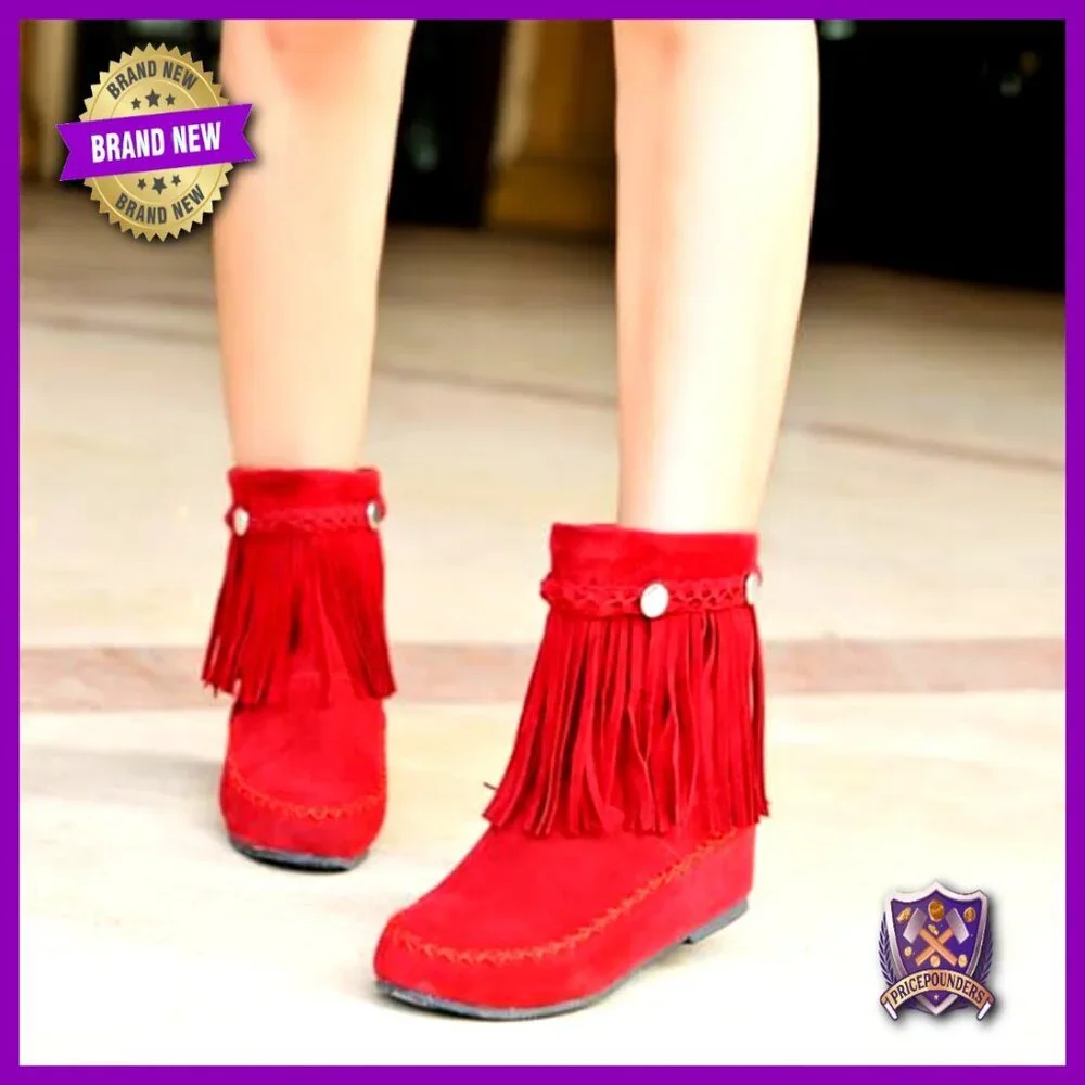 Suede Tassel Ankle Boots Vintage Western Slip On Hidden Wedge Heel Booties